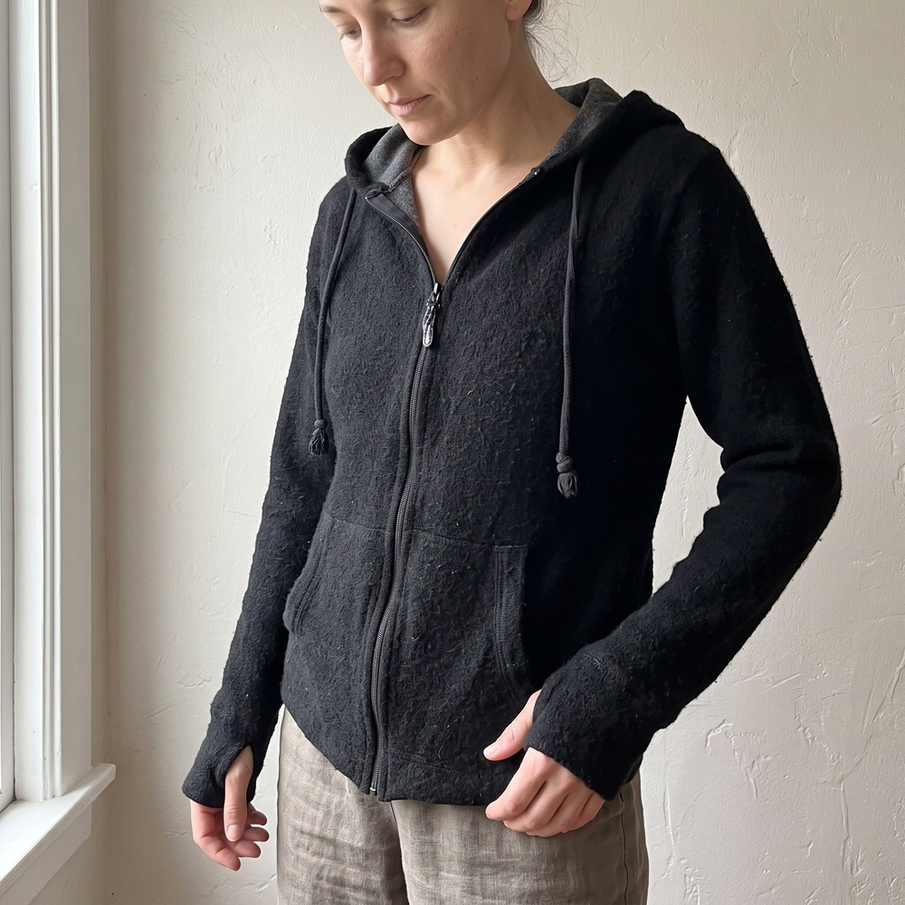Paka Hoodie Unisex Medium Black Alpaca Blend Zip Up Thumbholes Gorpcore Eco
